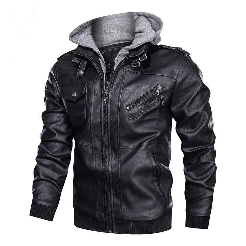 Men's soft leather motorcycle jacket with removable hood and practical zip pockets Lune London