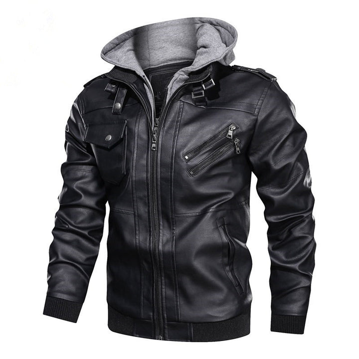 Men's soft leather motorcycle jacket with removable hood and practical zip pockets Lune London