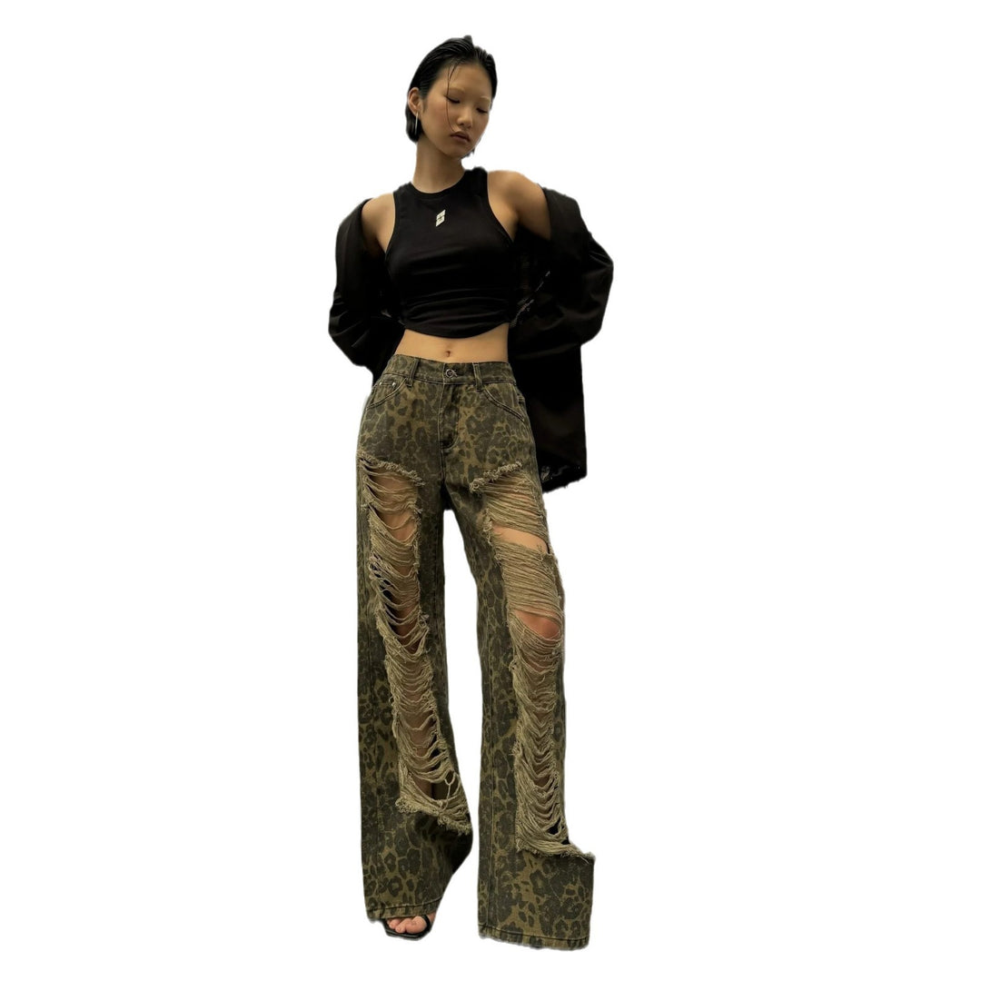 Women's wide lion print jeans with frayed details Lune London