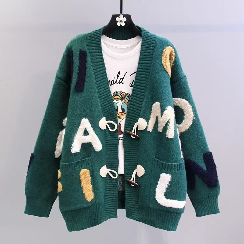 Ladies chunky knit cardigan with colorful appliqués and large pockets Lune London