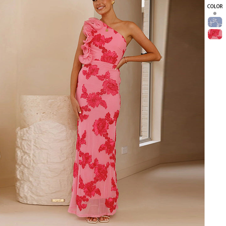 Elegant evening dress for women with asymmetric strap and floral appliqués Chic & Stil