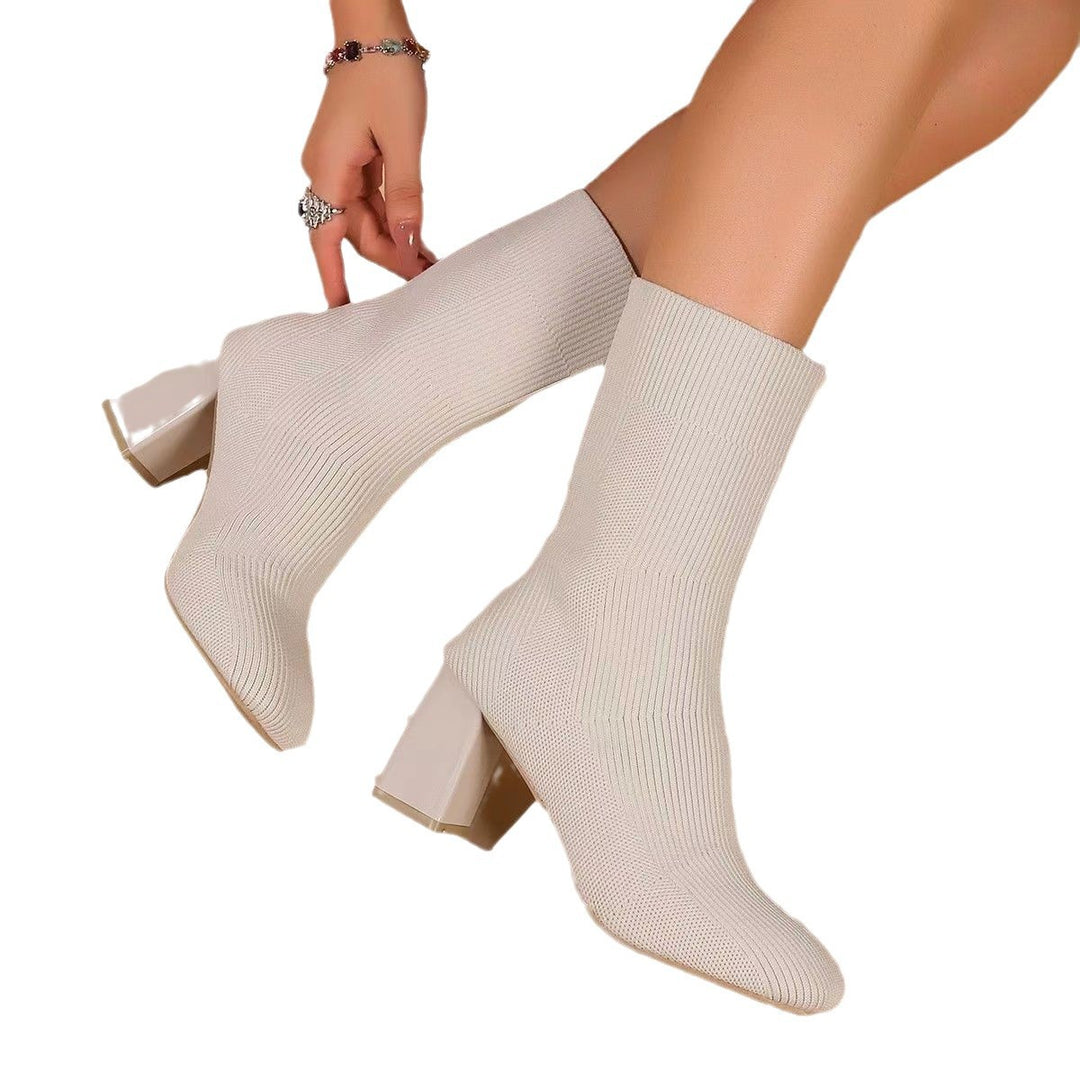 Knit ankle boots for women with transparent block heel and elastic shaft Lune London
