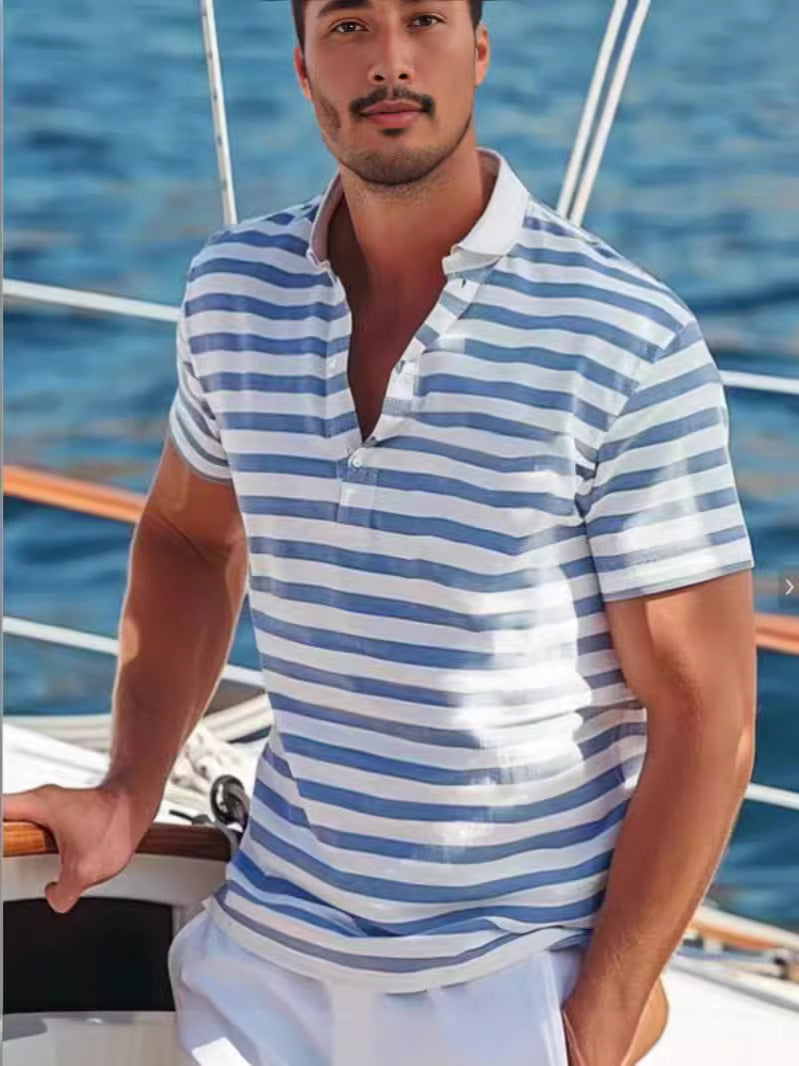 Men's polo shirt with modern nautical stripes and short stand-up collar Lune London