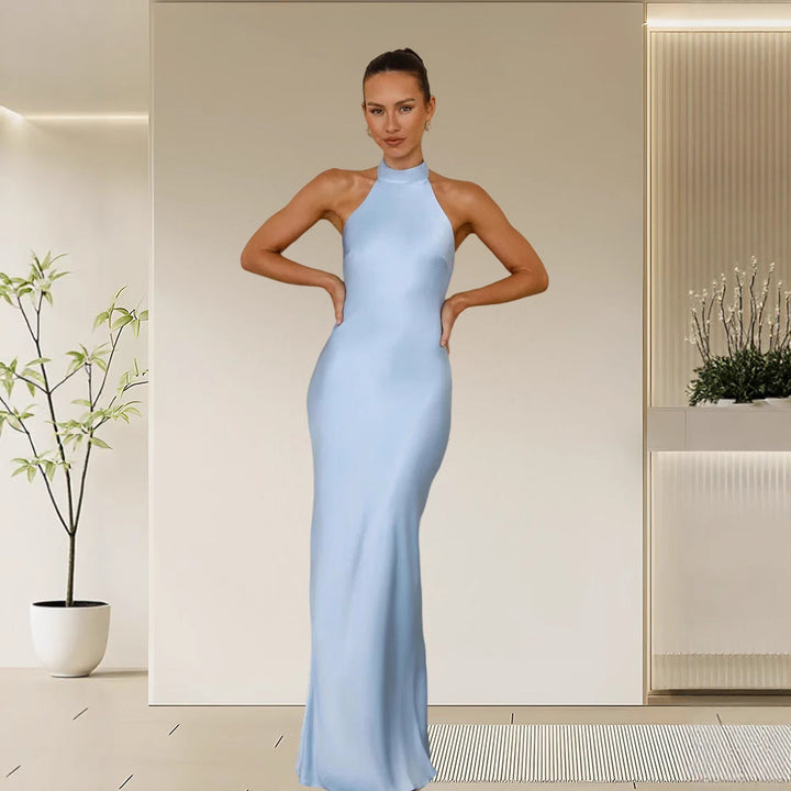 Ladies Elegant Maxi Dress with High Neck Design and Shimmering Satin Finish Lune London