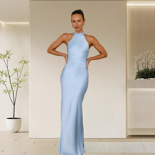 Ladies Elegant Maxi Dress with High Neck Design and Shimmering Satin Finish Lune London