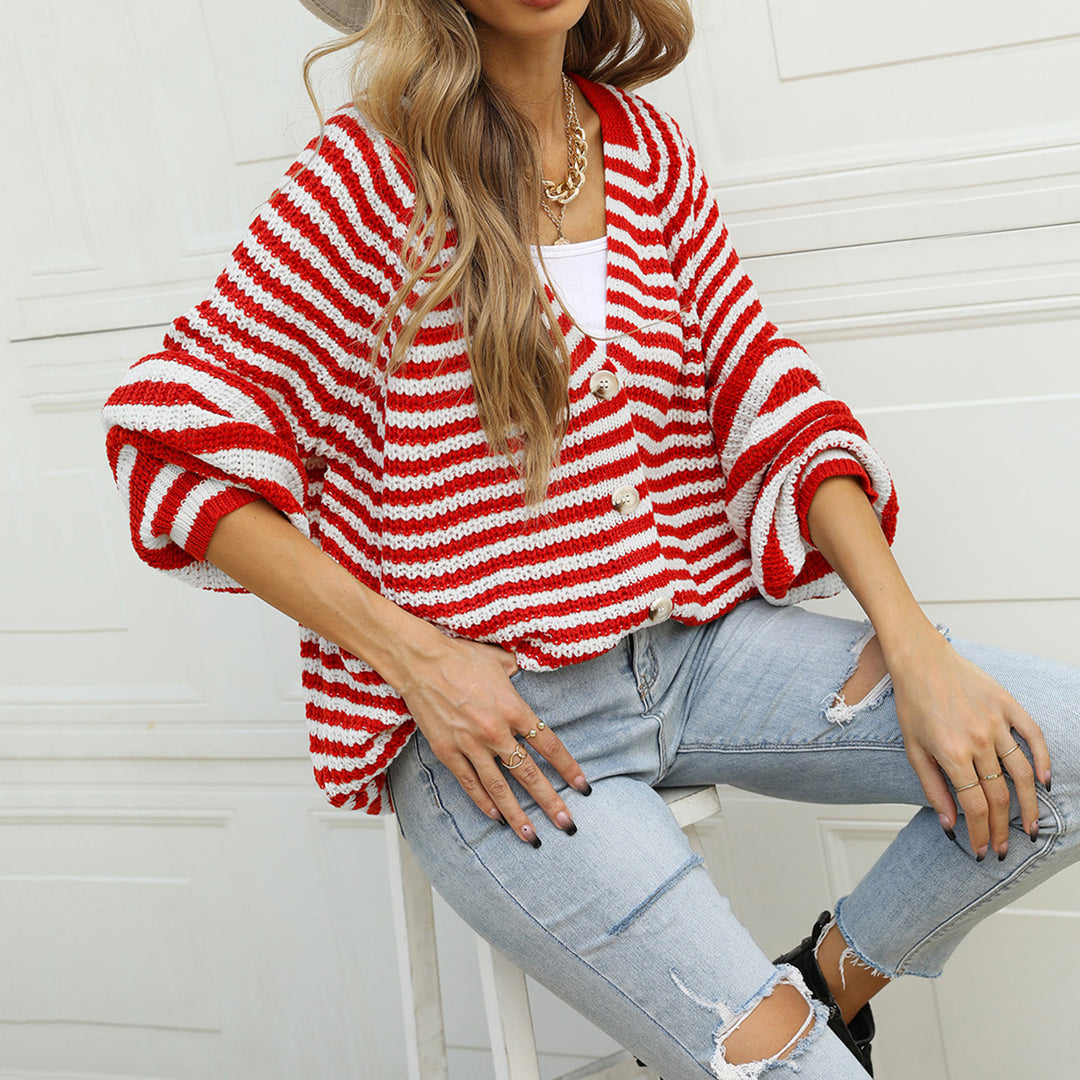 Ladies chunky knit cardigan with trendy striped pattern and wide sleeves Lune London