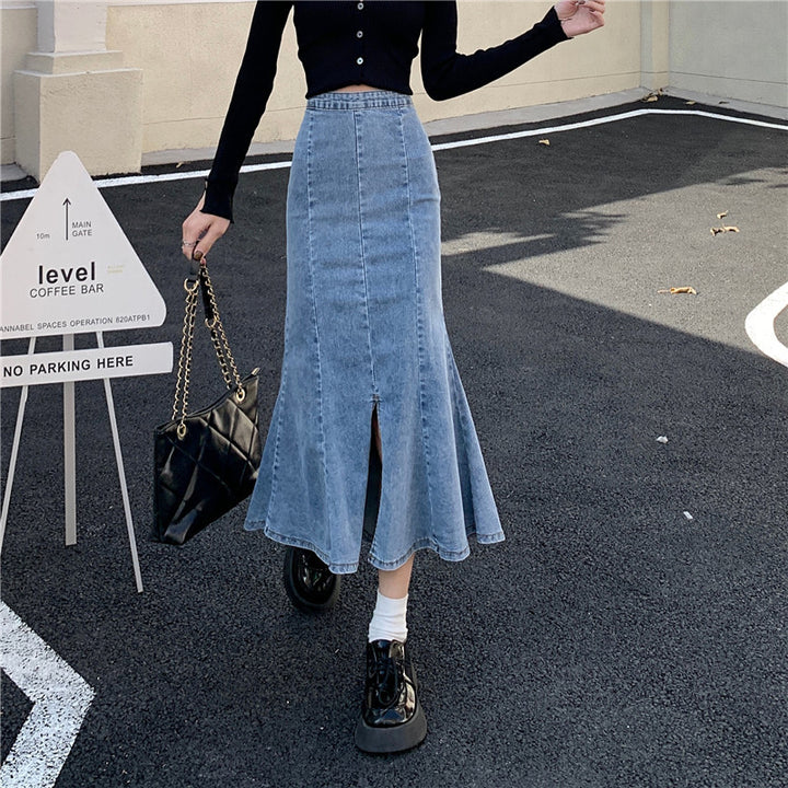 Jupe en denim évasée pour femmes avec fente haute Chic & Stil