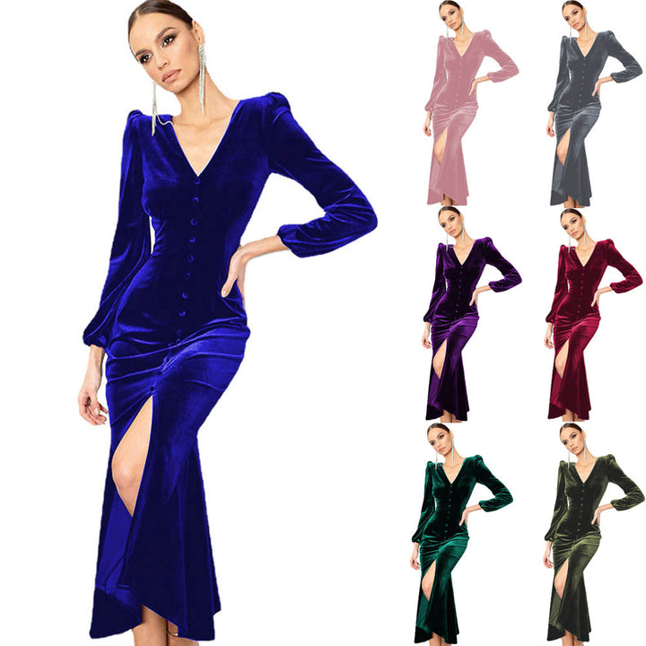 Maxi velvet dress for women with deep V-neckline and button details Lune London