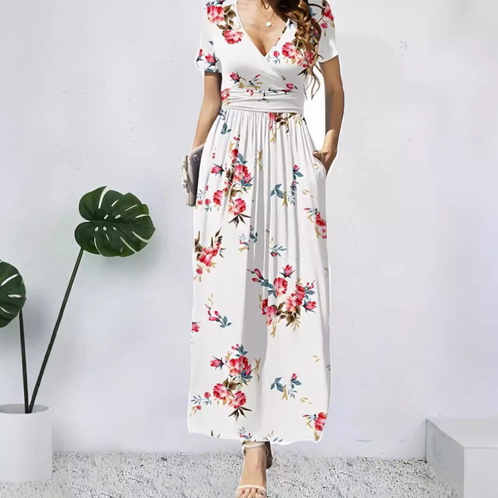 Maxi dress for women with deep V-neck and floral design Lune London