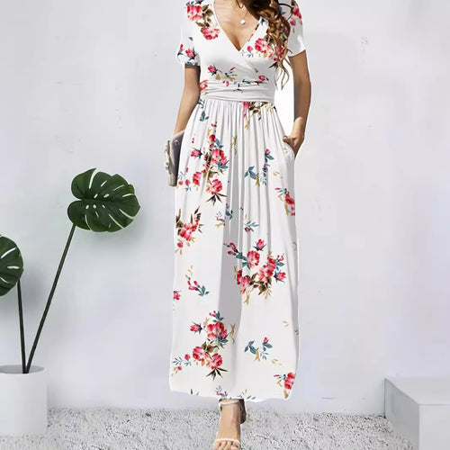 Maxi dress for women with deep V-neck and floral design Lune London