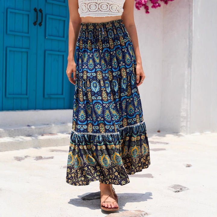 Long skirt for women with artistic paisley pattern and voluminous hem Lune London
