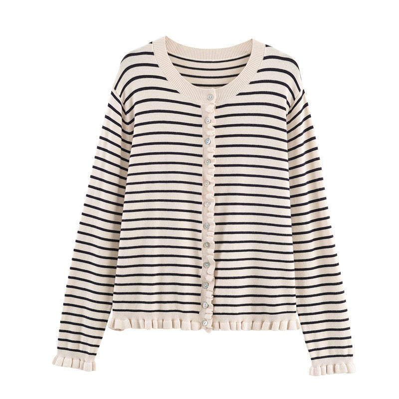 Fashion striped knit jacket for women with ruffled hem and button details Lune London