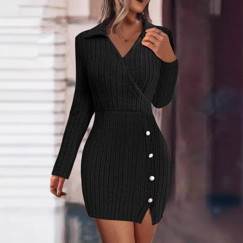 Wrap neckline knitted dress for women with elegant buttons Lune London