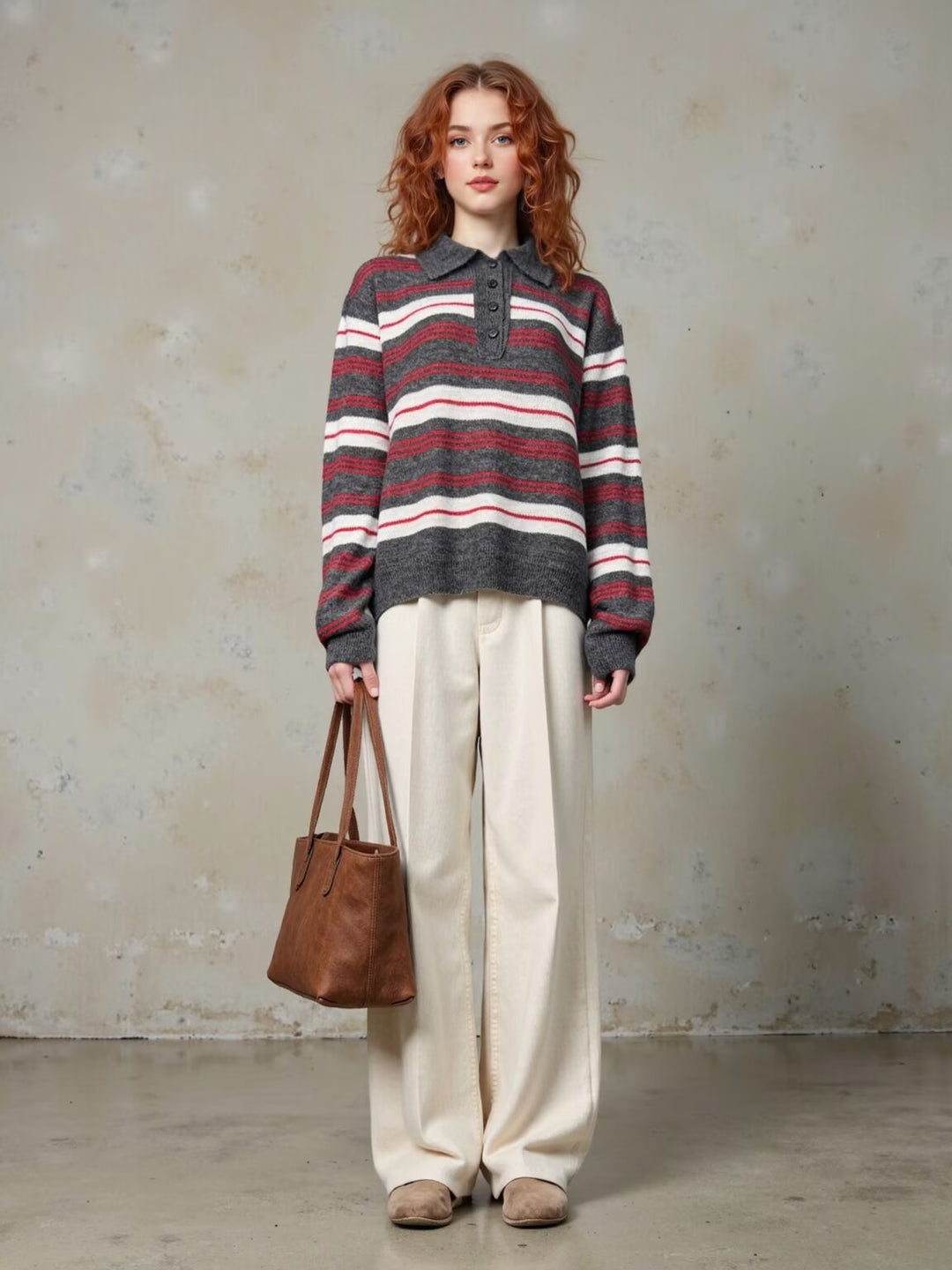 Elegant knitted sweater for women with polo collar and striped pattern Lune London