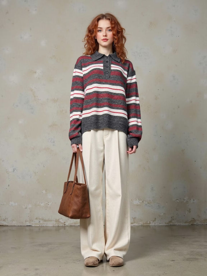 Elegant knitted sweater for women with polo collar and striped pattern Lune London