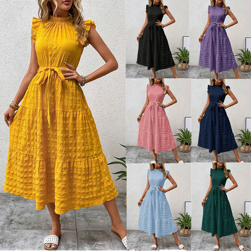 Midi dress for women with ruffled sleeves and belt at the waist Lune London