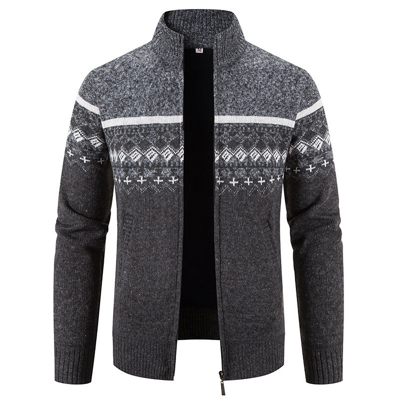 Men's knitted jacket with modern Norwegian pattern and high collar Lune London