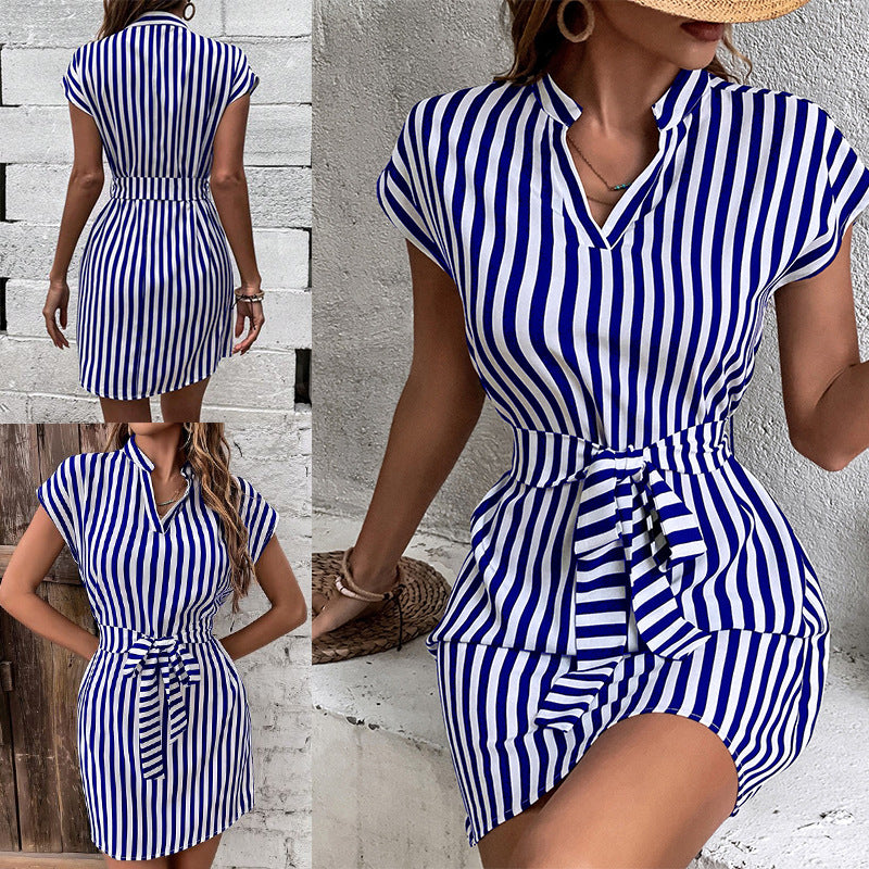Short sleeve shirt dress for women with tie belt and elegant Lune London stripe