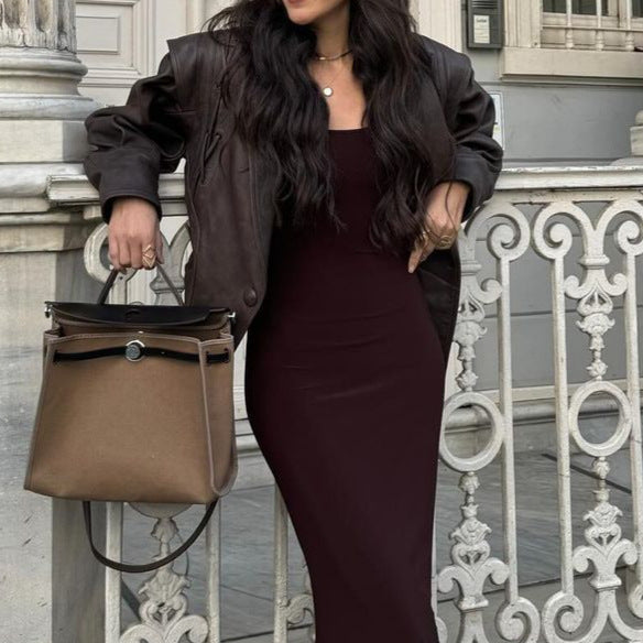 Elegant faux leather jacket for women with drapes and adjustable belt Lune London
