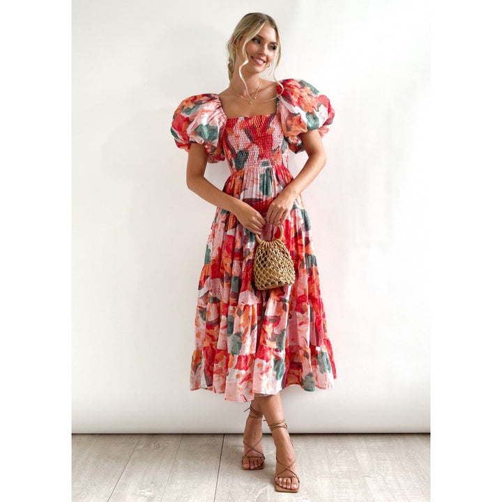 Maxi dress with ruffles off the shoulders for women with floral pattern Lune London