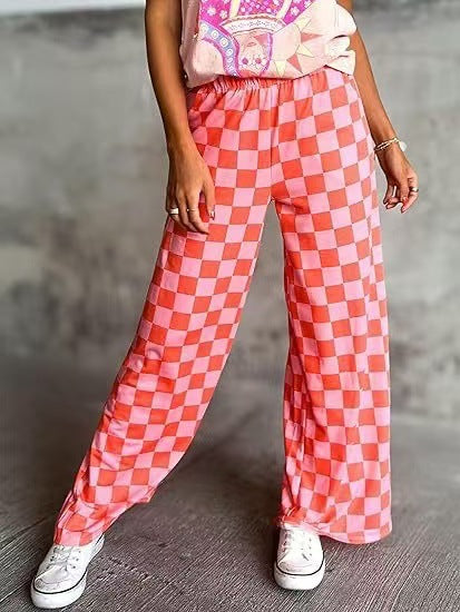 Women's Checkered Palazzo Pants with Elastic Waistband and Practical Side Pockets Chic und Stil