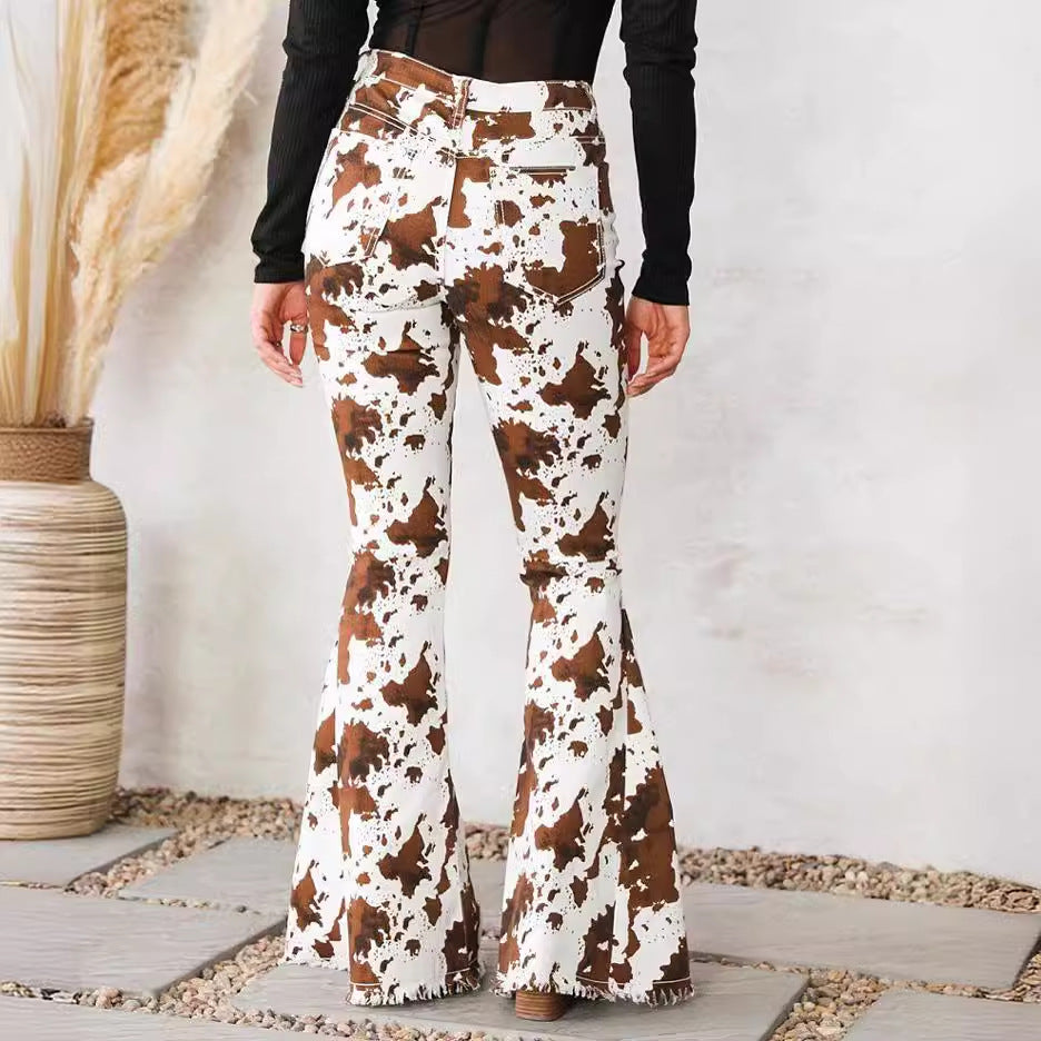 Modern design bootcut jeans for women in cow print Lune London