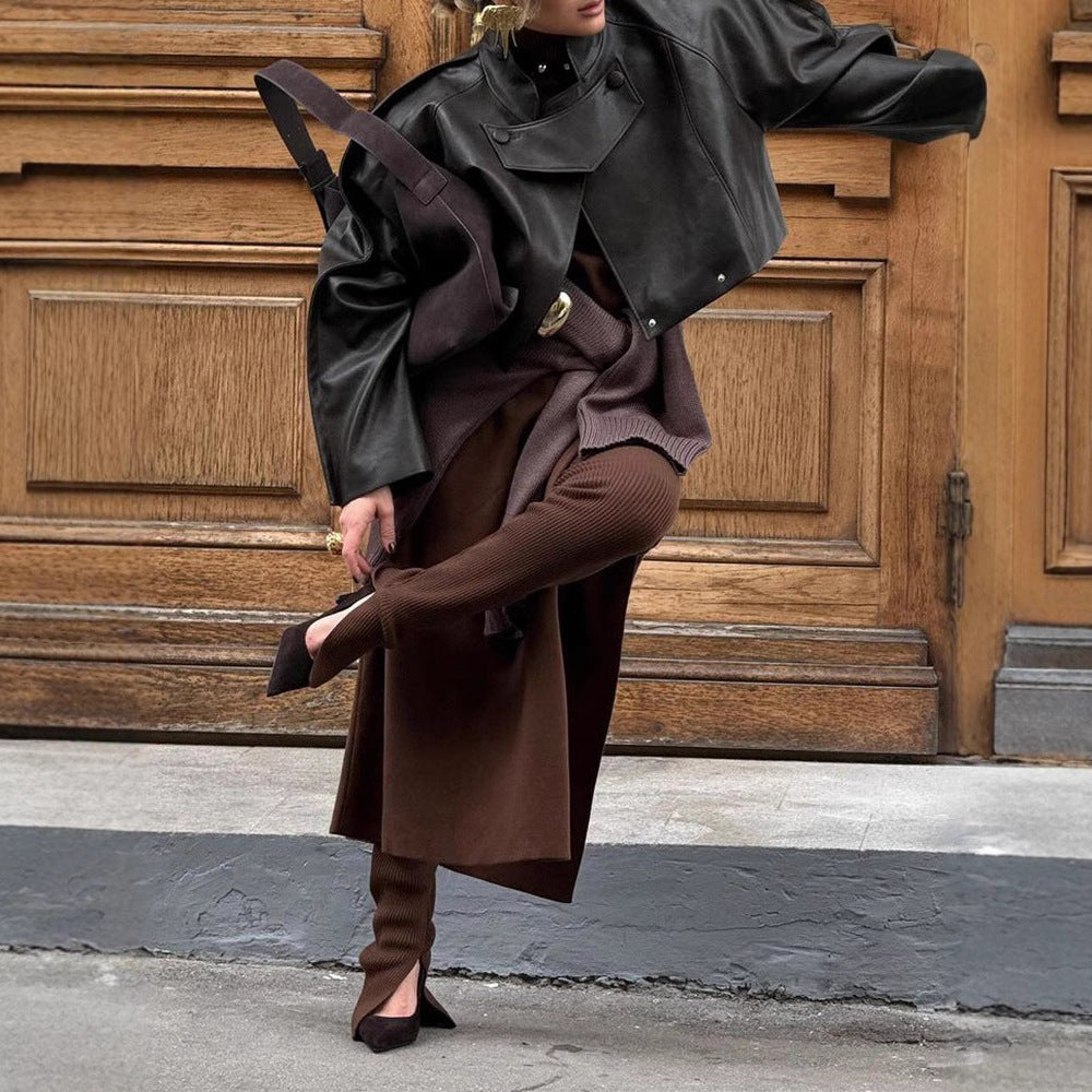 Ladies Elegant Leather Jacket with Textured Design and Asymmetrical Cut Lune London