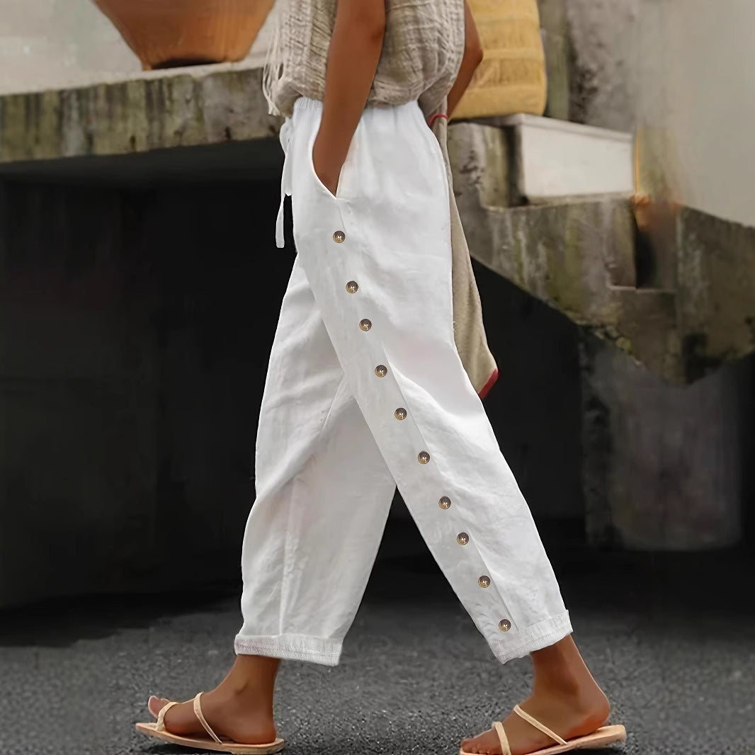 Lune London Women's trendy palazzo pants with button details and elastic waist