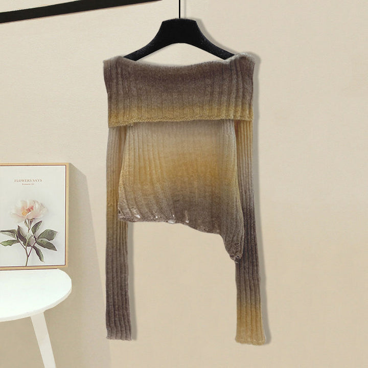 Trendy asymmetrical sweater for women with off-shoulder neckline and ribbed texture Lune London