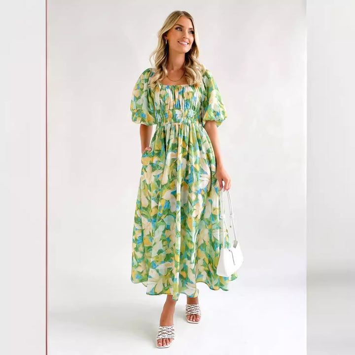 Women's Off-Shoulder Maxi Dress with Floral Patterns and Elastic Waist Lune London