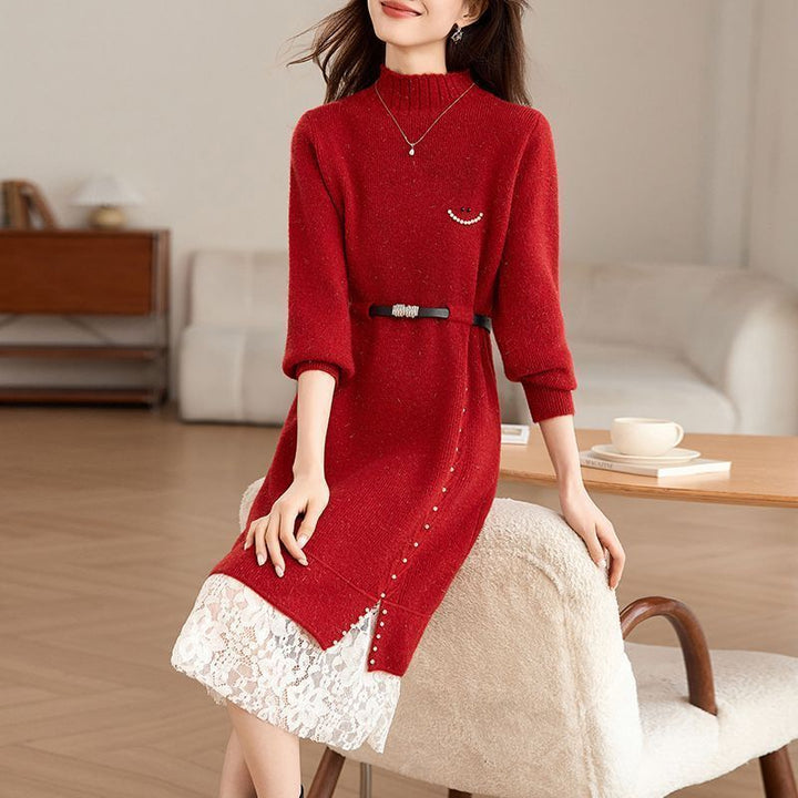 Robe tricotée femme avec des détails en perles à la mode et une ceinture élégante Chic & Stil