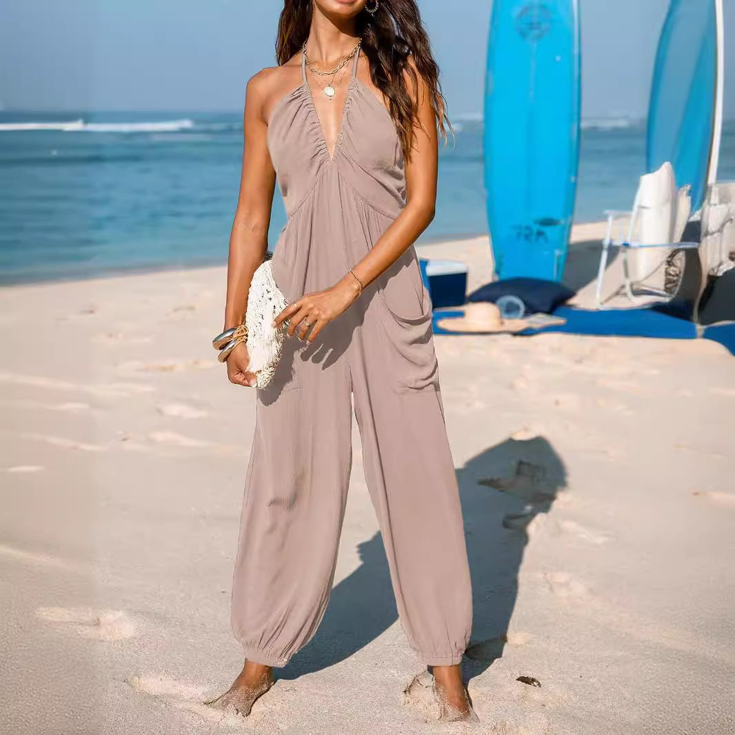Ladies casual jumpsuit with plunging neckline and practical pockets Chic and Style