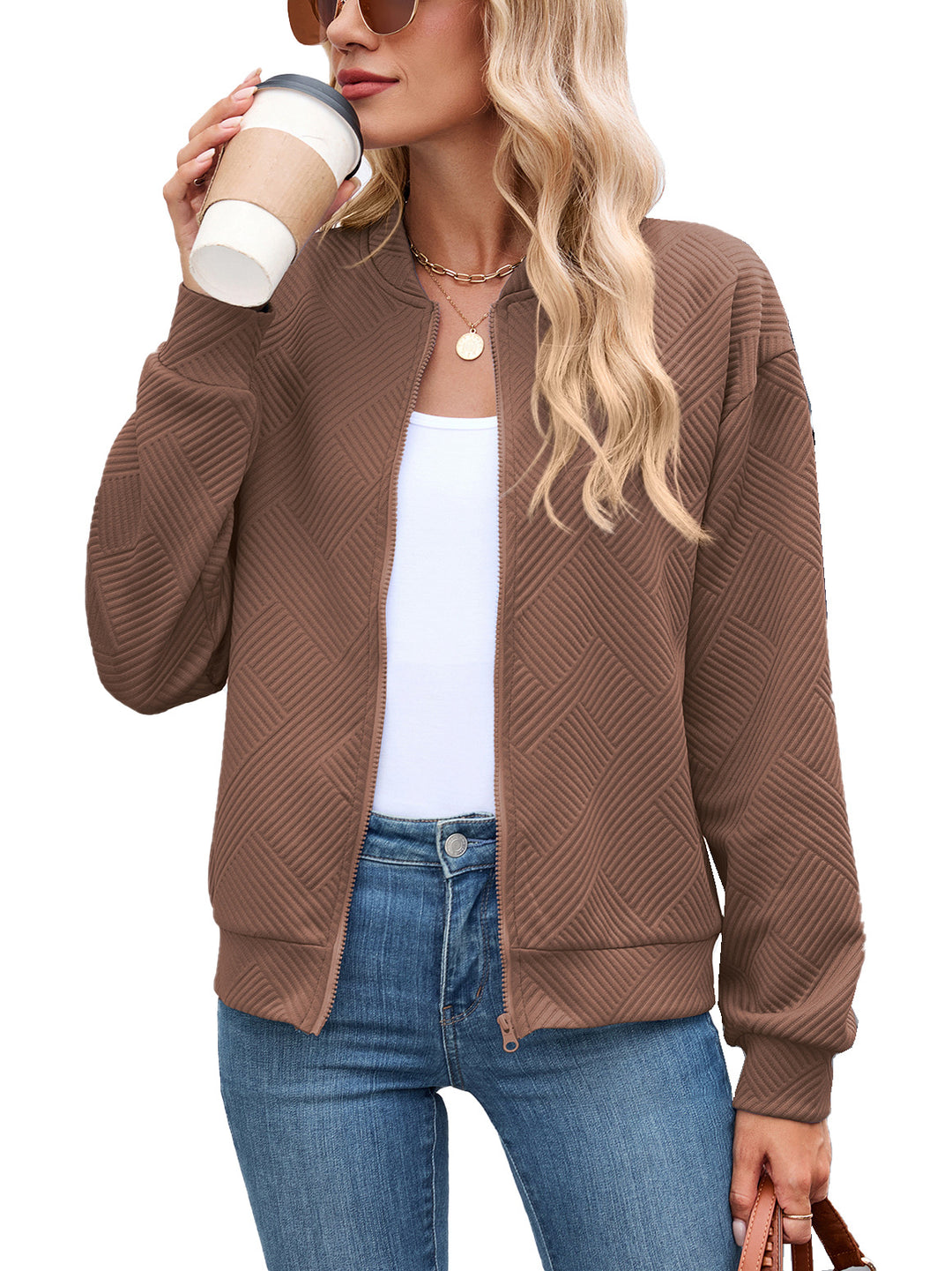 Ladies Chic and Stylish Textured Design Sporty Bomber Jacket