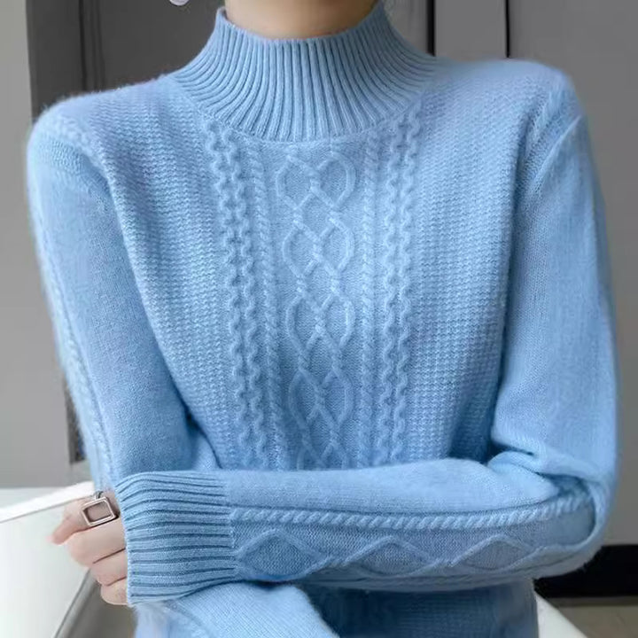 Womens knitted sweater with an elegant cable pattern and a high closed collar Lune London