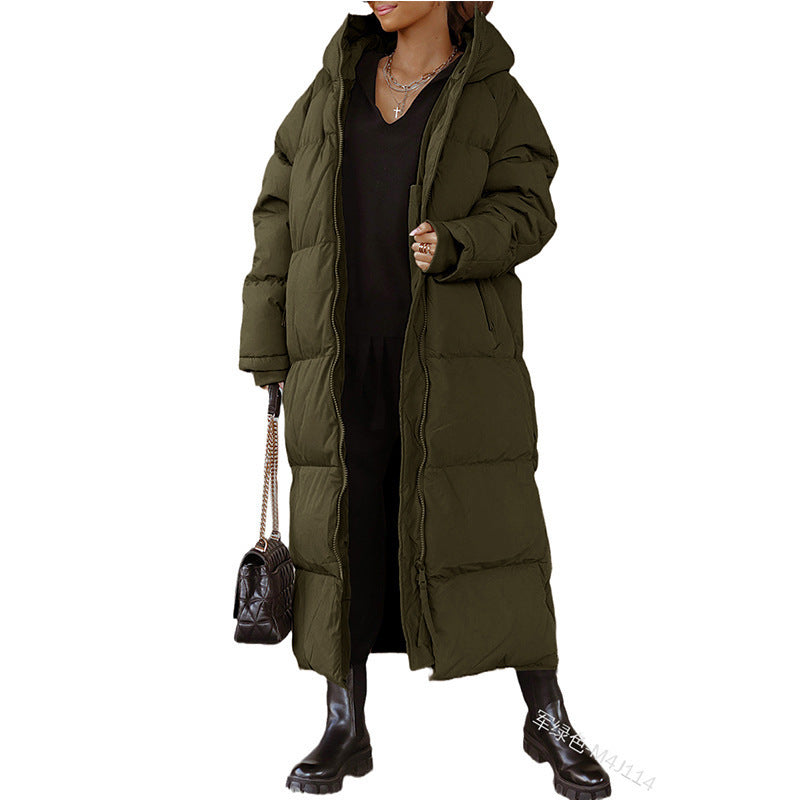 Ladies long padded jacket with hood and practical side pockets Lune London