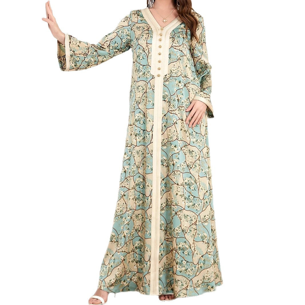 Maxi dress for women with artistic floral pattern and button details Lune London