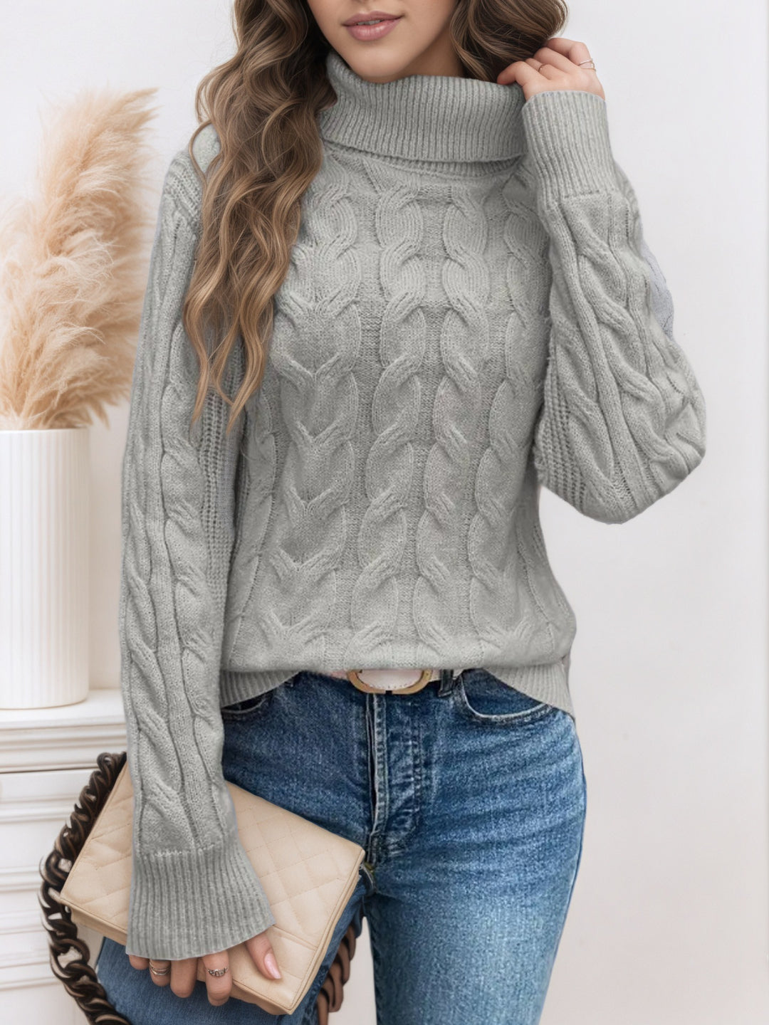 Knit sweater for women with high collar and cable pattern Lune London