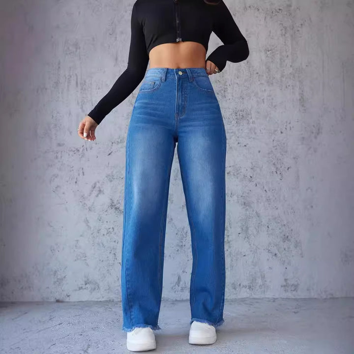 High waisted wide leg jeans for women with frayed hem Lune London