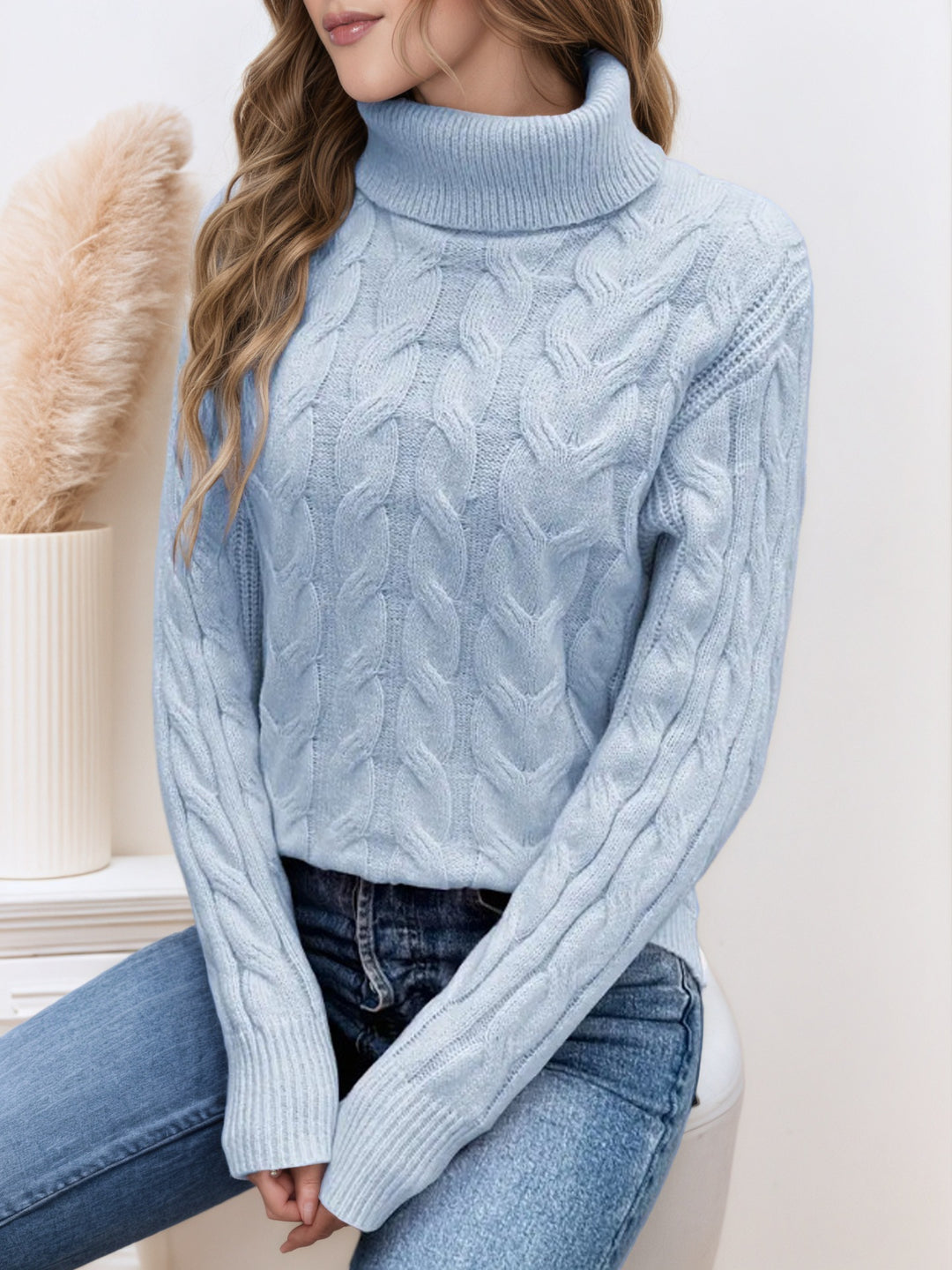 Knit sweater for women with high collar and cable pattern Lune London