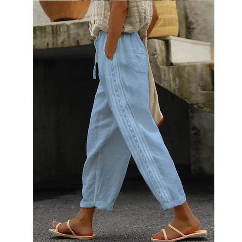 Ladies Lightweight Linen Pants with Side Button Detail Lune London