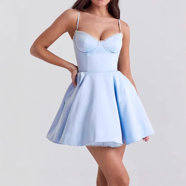 Women's Skater Dress with Delicate Spaghetti Straps and Elegant Waist Corset Lune London
