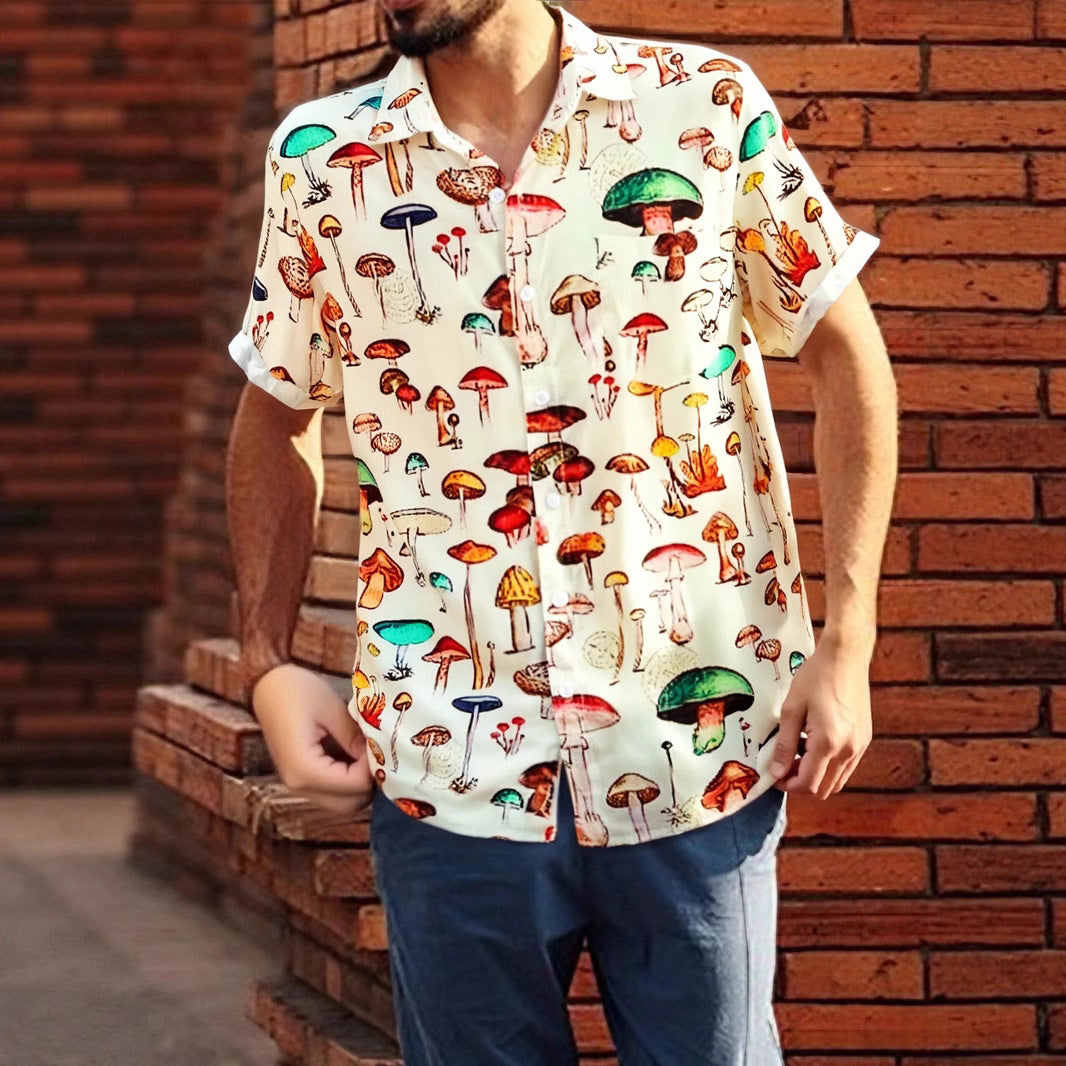 Short sleeve shirt for men with a colorful mushroom pattern and breathable cotton Lune London
