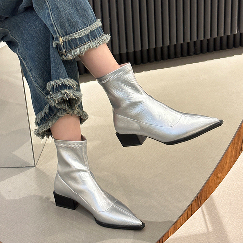 Ladies Elegant Ankle Boots with Pointed Toe and Block Heel Lune London