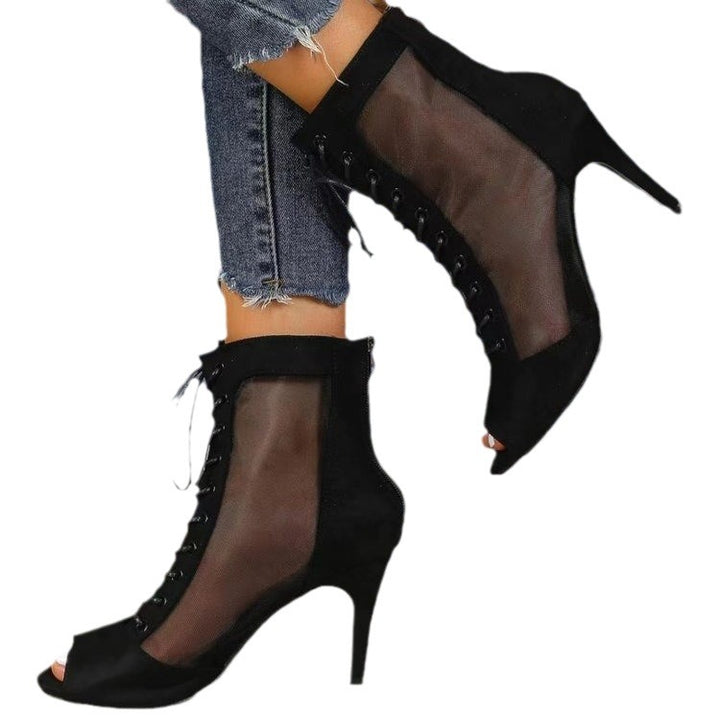 High-heeled semi-open boots for women with transparent side inserts and laces Lune London