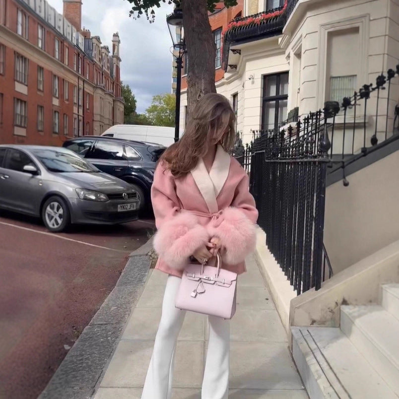 Veste Fluffy Femme avec Revers Élégant et Ceinture Chic & Stil