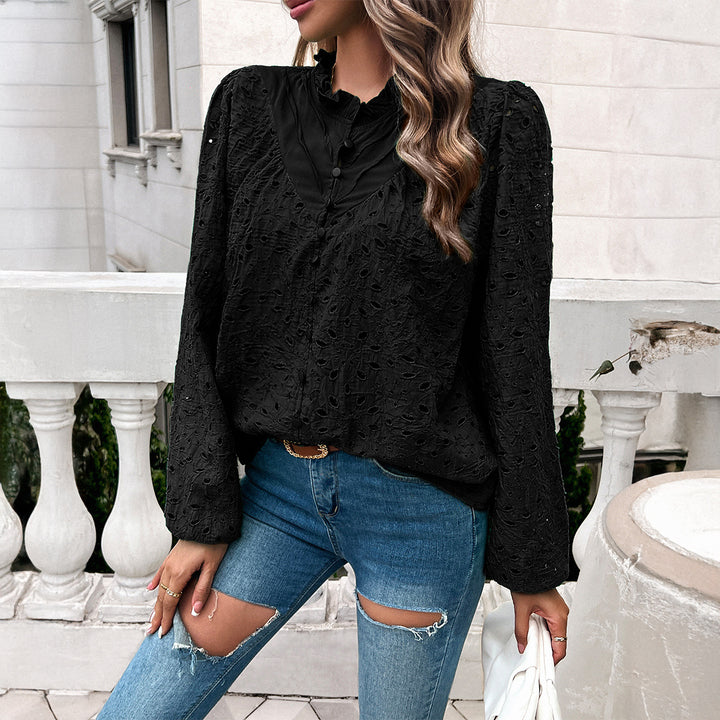 Trendy women's blouse with floral lace embroidery and ruffle details Lune London