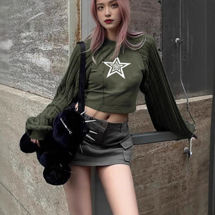 Cropped sweater for women with graphic star pattern and textured sleeve design Lune London