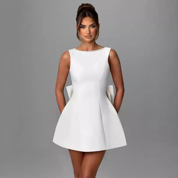 Women Elegant Sculptural Mini Dress with Pearl Decoration Lune London