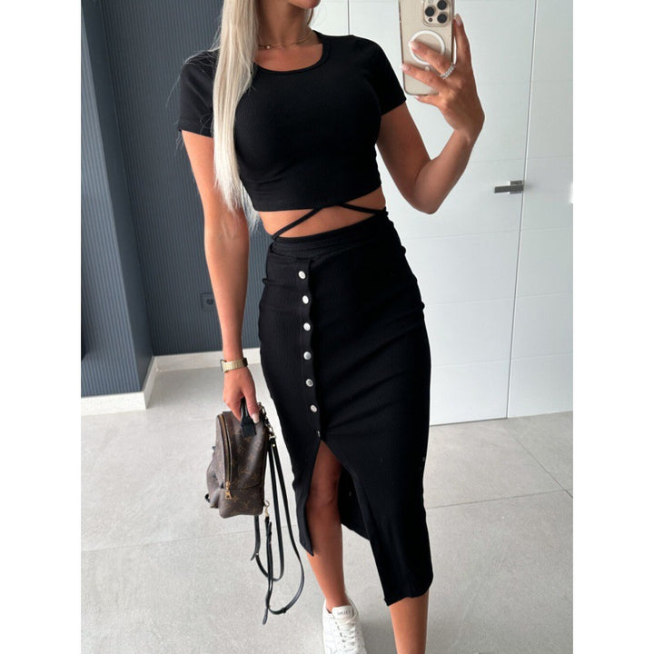 Women Ribbed Crop Top and Buttoned Midi Skirt Set Lune London
