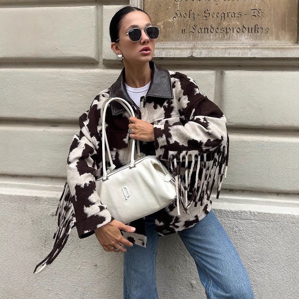 Fringed oversized jacket for women with cow print Lune London